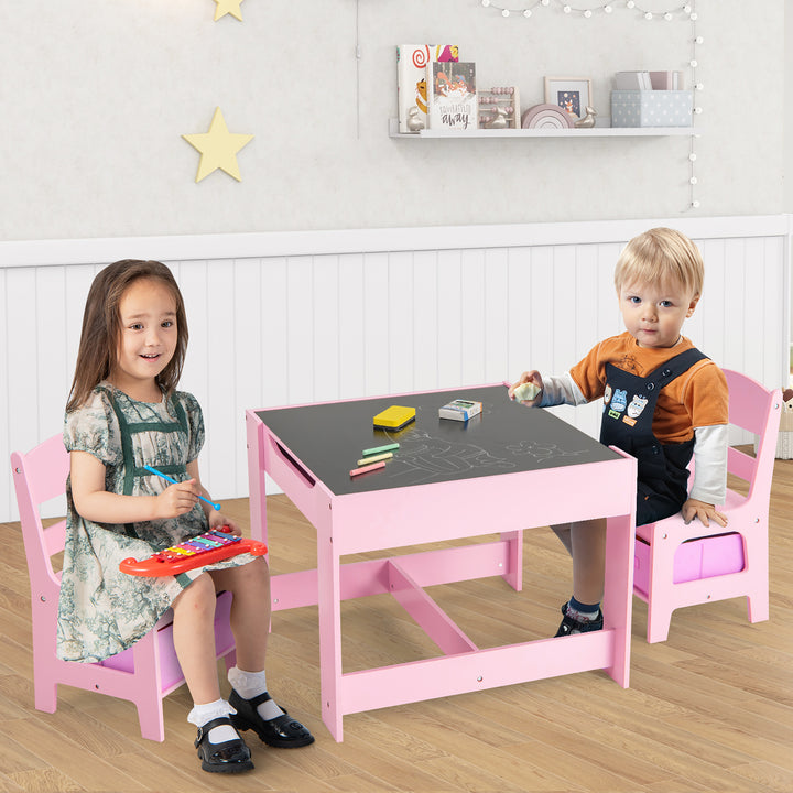 3 in 1 Kids Wood Table Chairs Set w/ Storage Box Blackboard Drawing Pink Image 4