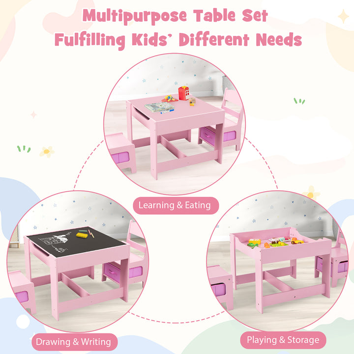 3 in 1 Kids Wood Table Chairs Set w/ Storage Box Blackboard Drawing Pink Image 6