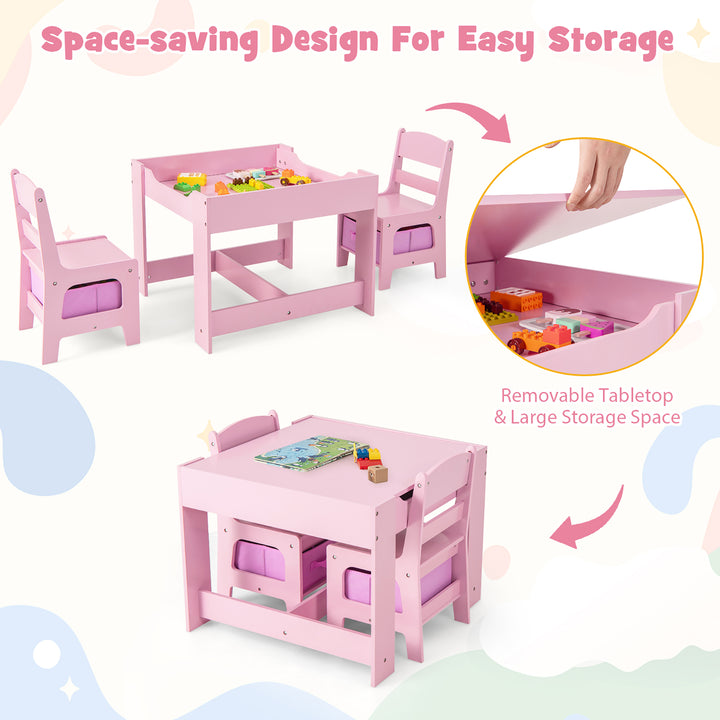 3 in 1 Kids Wood Table Chairs Set w/ Storage Box Blackboard Drawing Pink Image 7