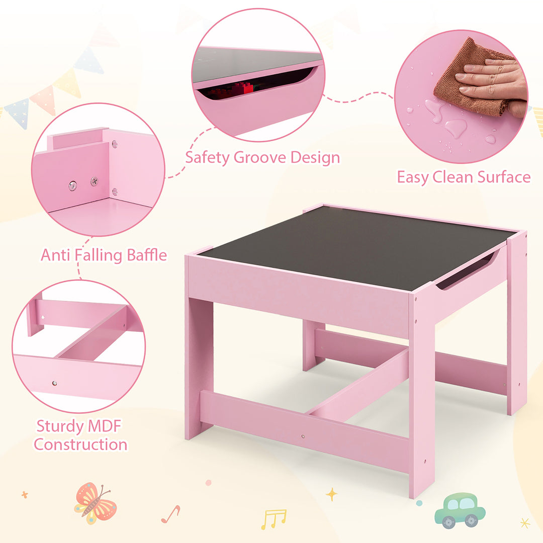 3 in 1 Kids Wood Table Chairs Set w/ Storage Box Blackboard Drawing Pink Image 8