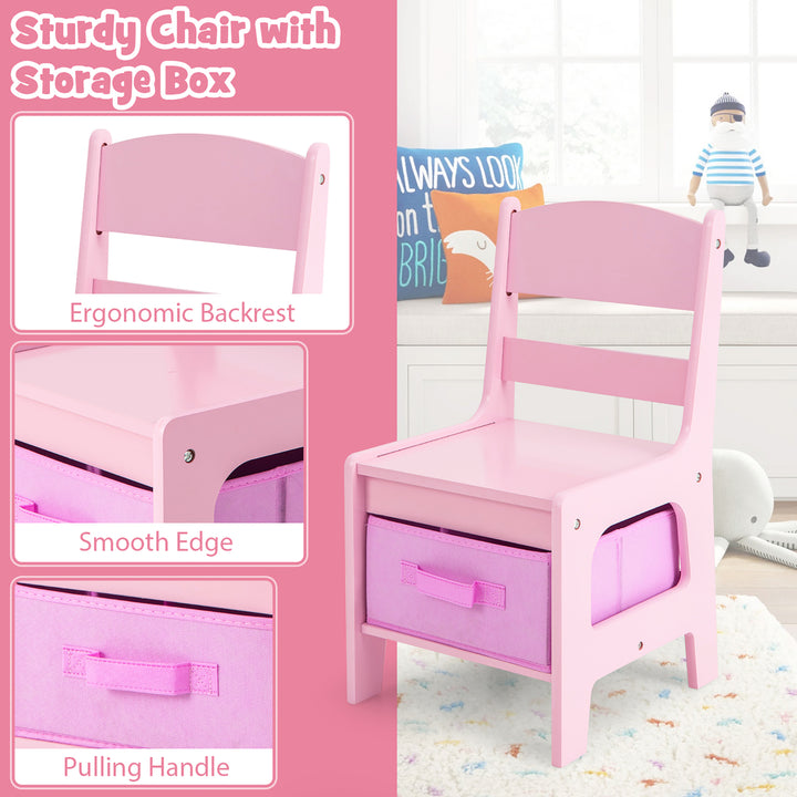 3 in 1 Kids Wood Table Chairs Set w/ Storage Box Blackboard Drawing Pink Image 9