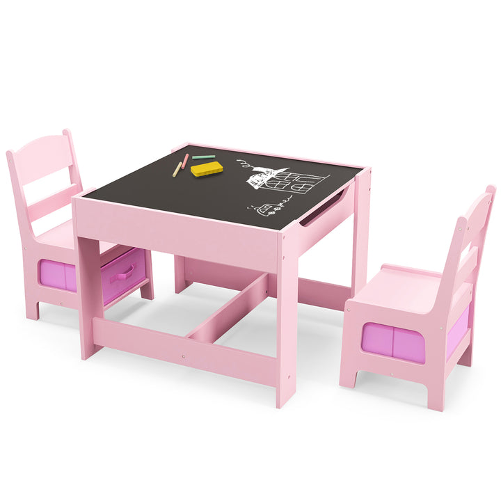 3 in 1 Kids Wood Table Chairs Set w/ Storage Box Blackboard Drawing Pink Image 10