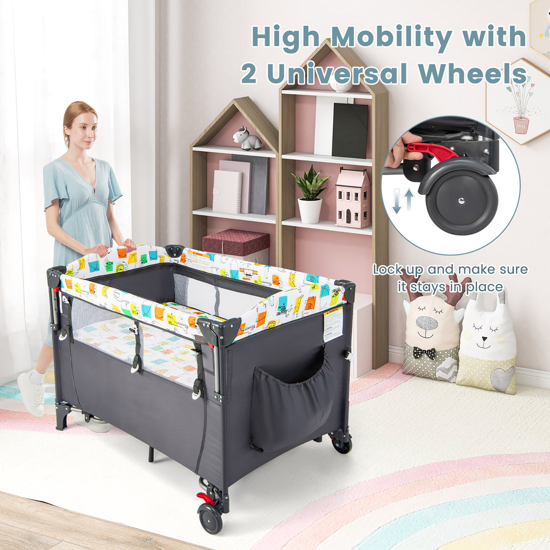 5 in 1 Baby Nursery Center Foldable Toddler Bedside Crib w/Music Box Image 4