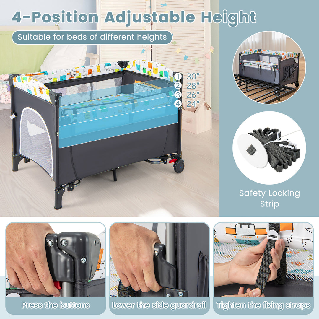 5 in 1 Baby Nursery Center Foldable Toddler Bedside Crib w/Music Box Image 10