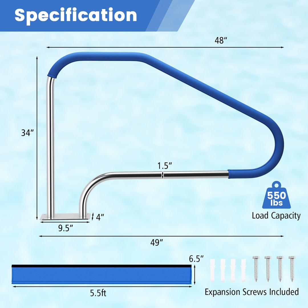 Swimming Pool Hand Rail 49 Stainless Steel Mounted Pool Stair Rail w/Base Plate Image 3