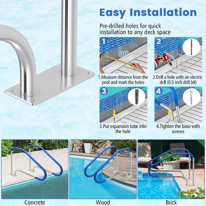 Swimming Pool Hand Rail 49 Stainless Steel Mounted Pool Stair Rail w/Base Plate Image 7