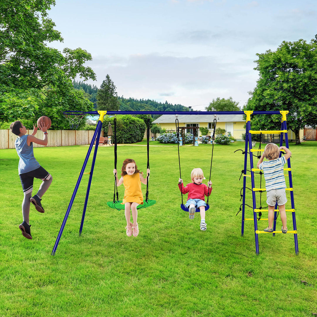 5-In-1 Kids Swing Set for Outdoor W/ Heavy Duty Frame Basketball Hoop and Climbing Ladder Image 1