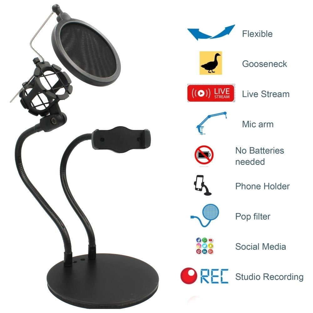 Technical Pro Phone Holder with Microphone Pop Filter Flexible Gooseneck Arm Image 2