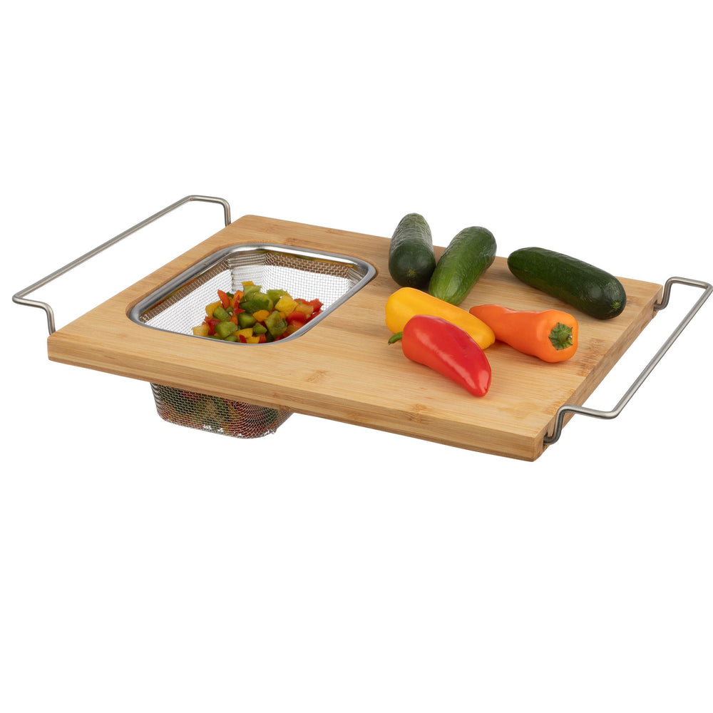 Cutting Board with Strainer - 2 in 1 Adjustable Bamboo Chopping Board with Removable Stainless Steel Colander for Over Image 2