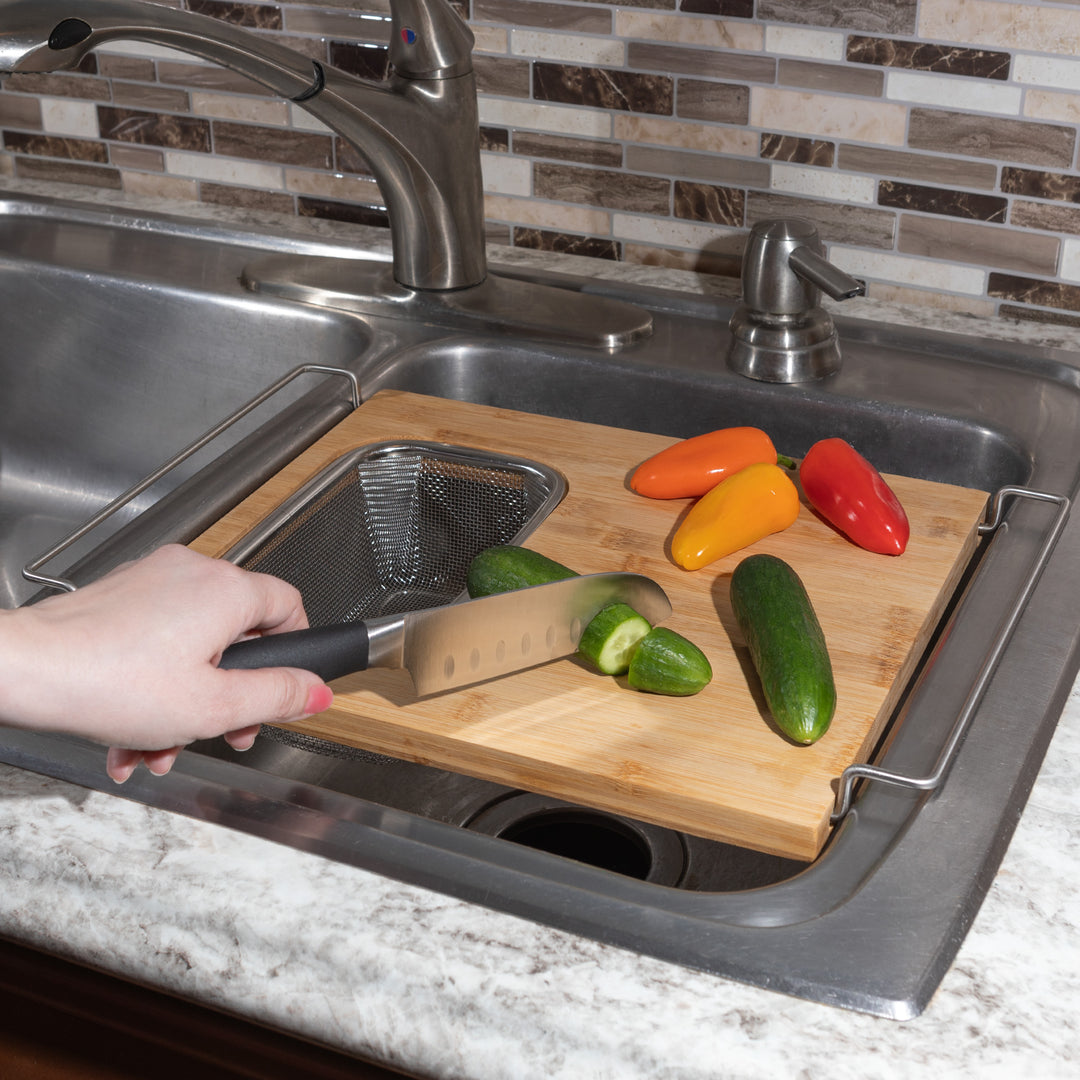 Cutting Board with Strainer - 2 in 1 Adjustable Bamboo Chopping Board with Removable Stainless Steel Colander for Over Image 6