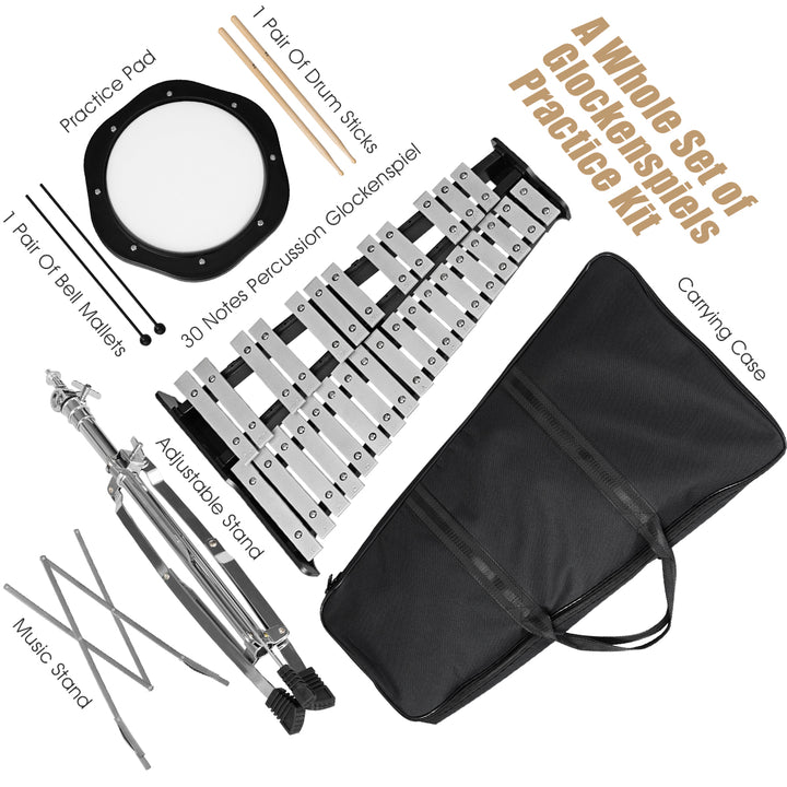 30 Notes Percussion Glockenspiel Bell Kit with Practice Pad Mallets Sticks Stand Image 8