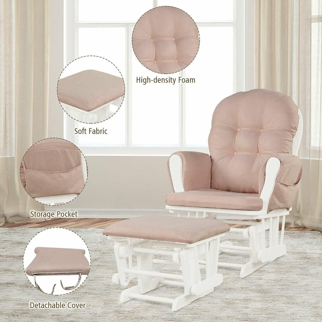 Costzon Nursery Glider with Ottoman Upholstered Comfort Glider Rocker with Padded Cushion Storage Pocket Solid Wood Base Image 4