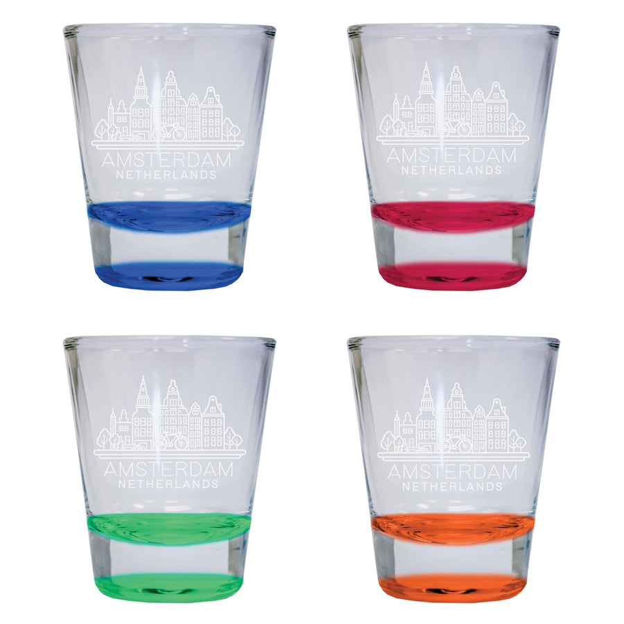 Amsterdam Netherlands Souvenir 2 Ounce Engraved Shot Glass Round 4-Pack Multicolor Image 1