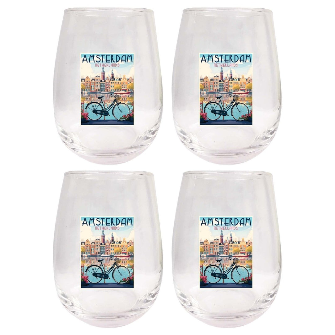 Amsterdam Netherlands Design A Souvenir 15 oz Stemless Wine Glass 4-Pack Image 1