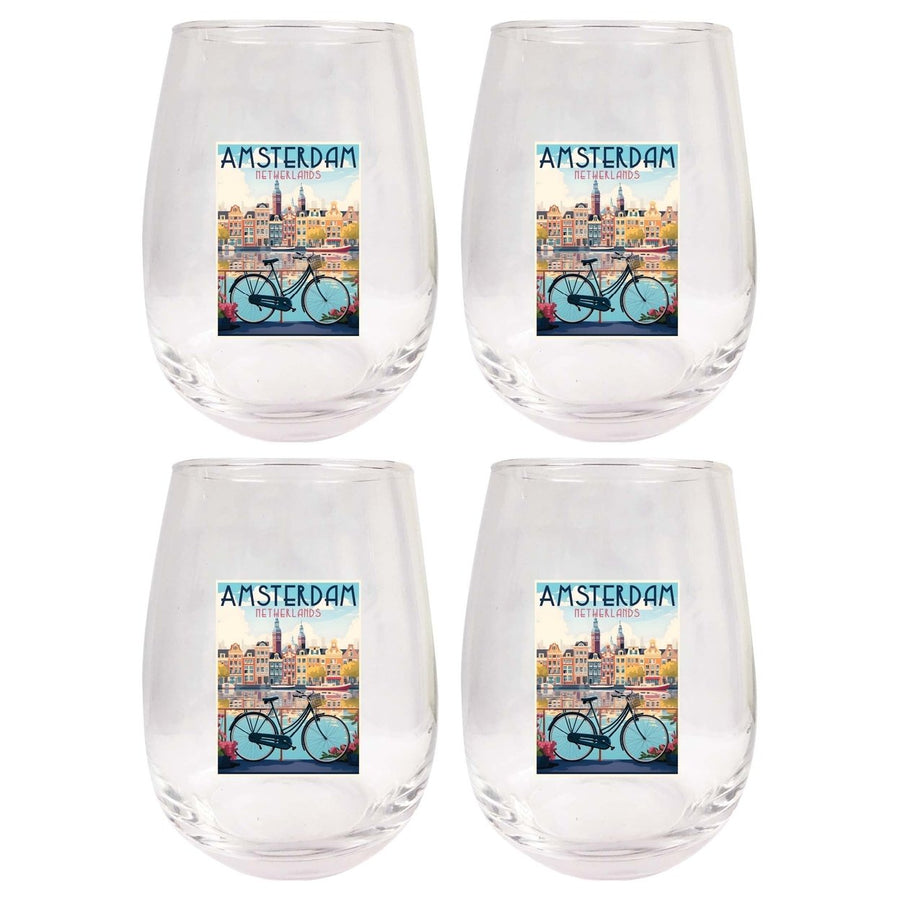 Amsterdam Netherlands Design A Souvenir 15 oz Stemless Wine Glass 4-Pack Image 1