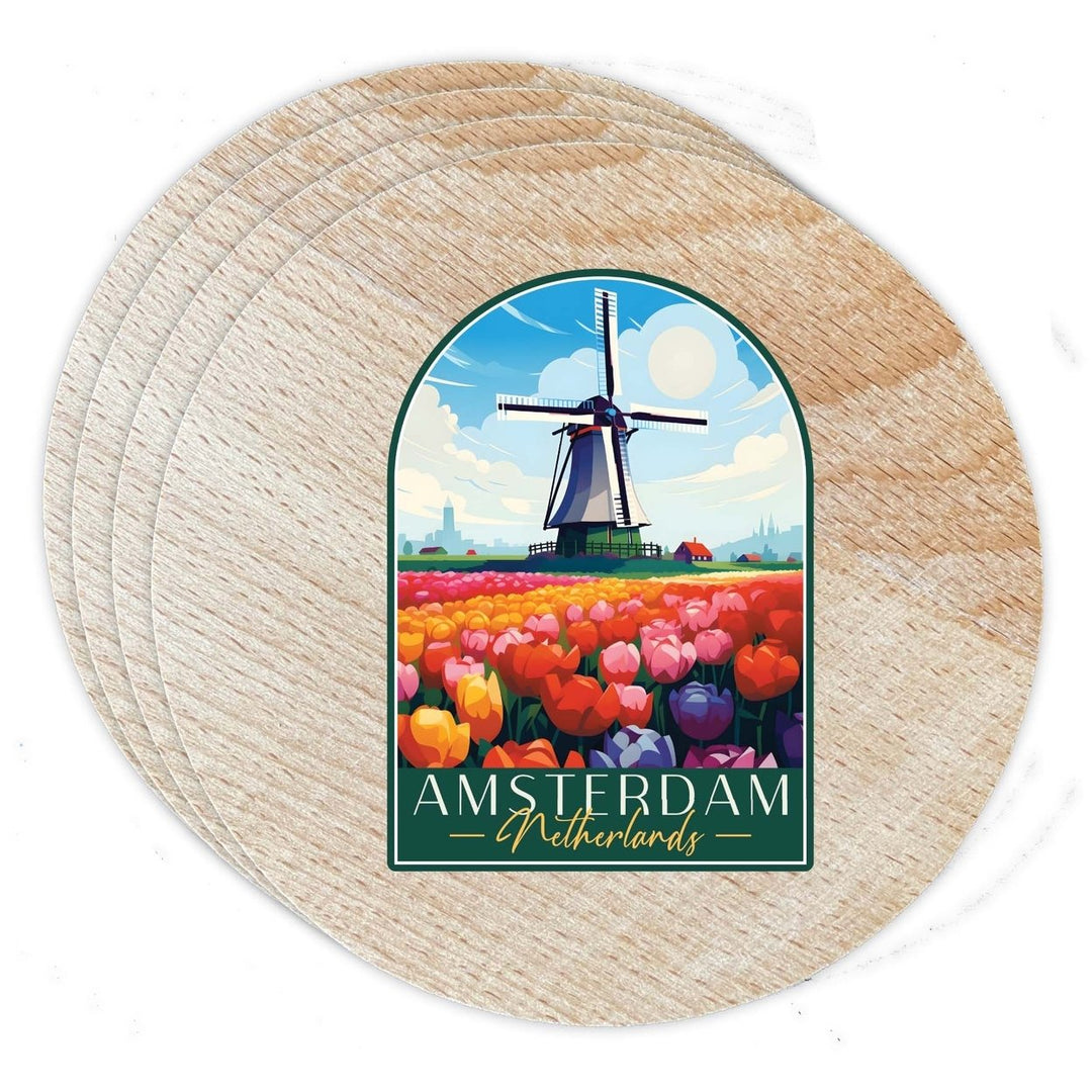 Amsterdam Netherlands Design B Souvenir Coaster Wooden 3.5 x 3.5-Inch 4 Pack Image 1