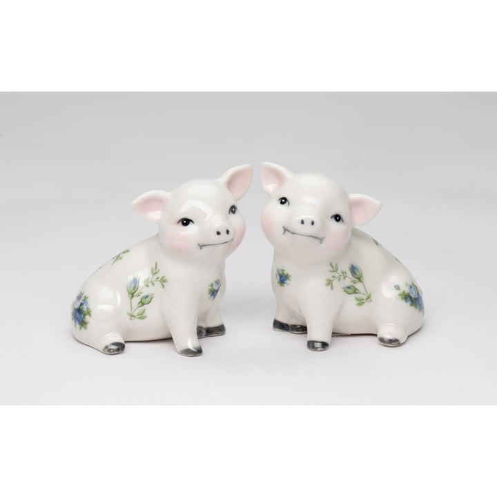 Ceramic Victorian Pig Salt Pepper Shakers Blue Rose Image 2