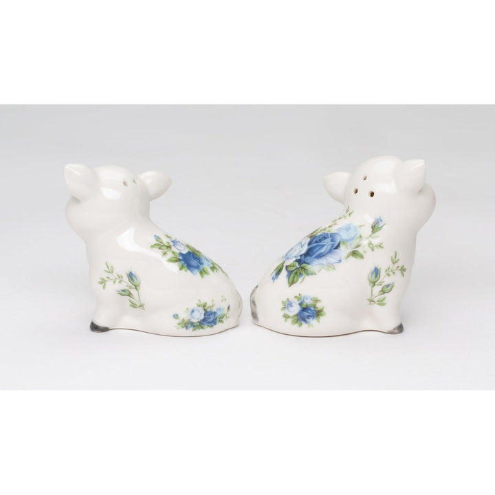 Ceramic Victorian Pig Salt Pepper Shakers Blue Rose Image 3