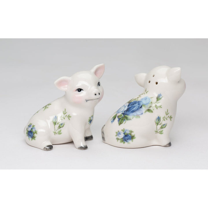 Ceramic Victorian Pig Salt Pepper Shakers Blue Rose Image 4