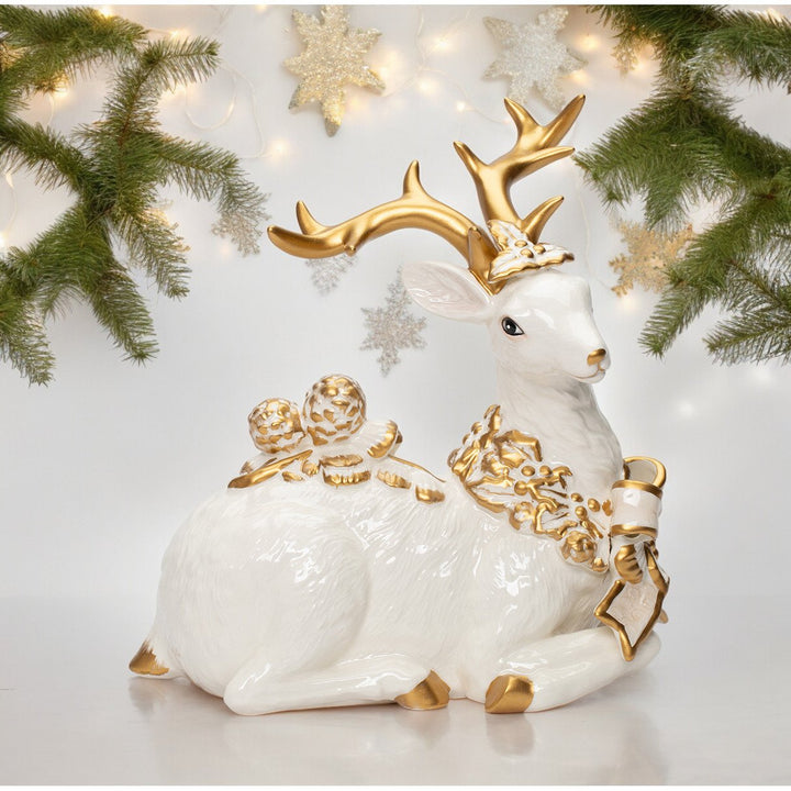 Ceramic Sitting Reindeer Gold Accent 9in  Decorative Image 1