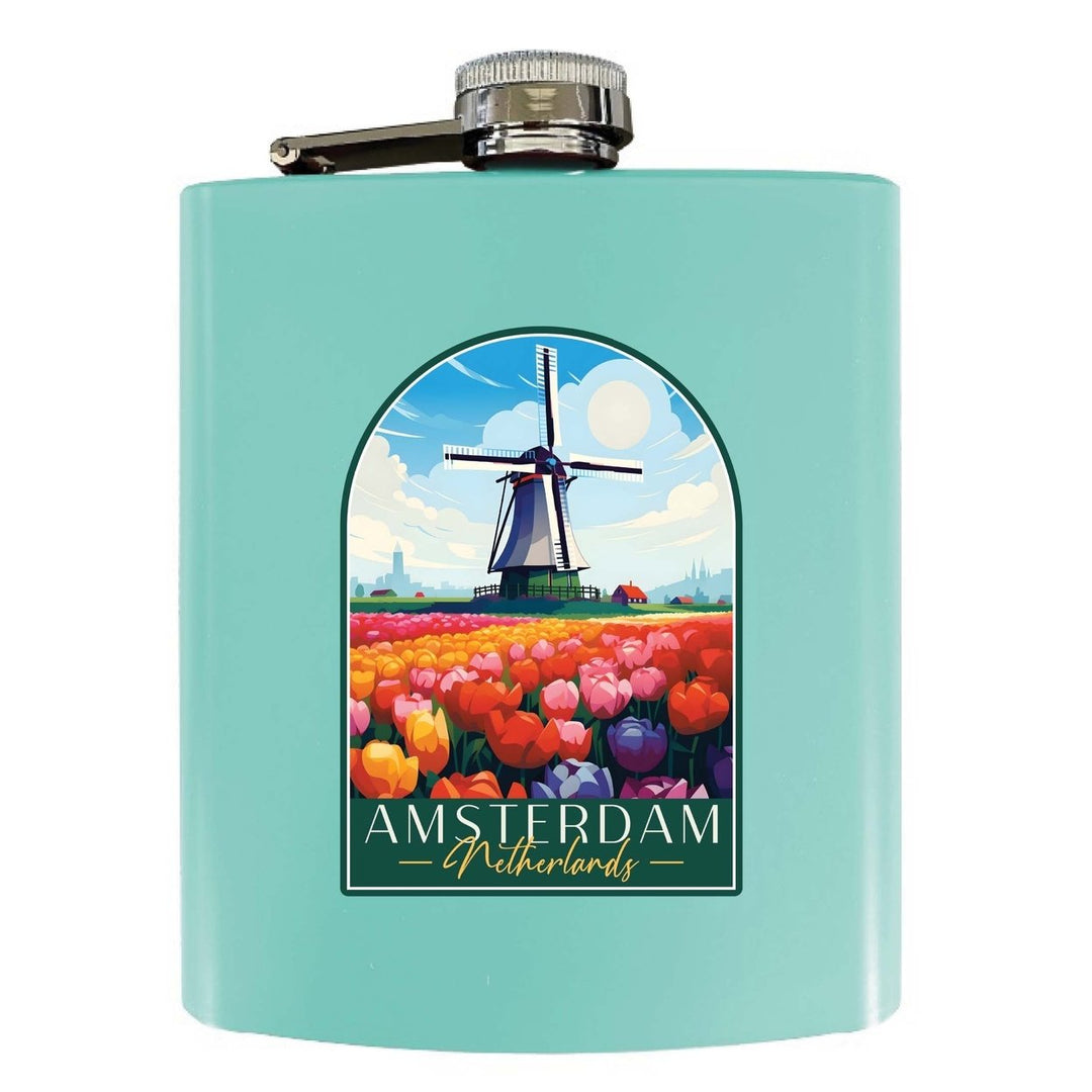 Amsterdam Netherlands Design B Souvenir 7 oz Steel Flask Matte Finish Image 1