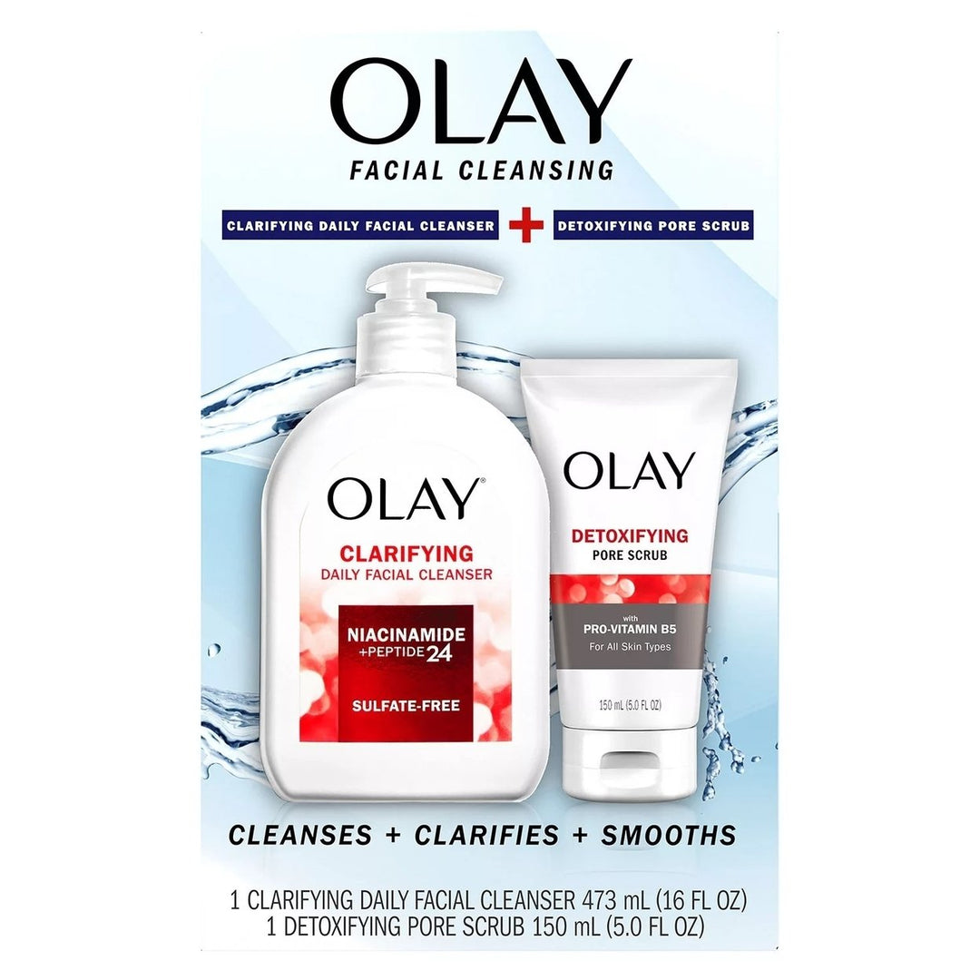 Olay Facial Cleansing Duo Pack Facial Cleanser 16 Oz + Detoxifying Scrub 5 Oz Image 1