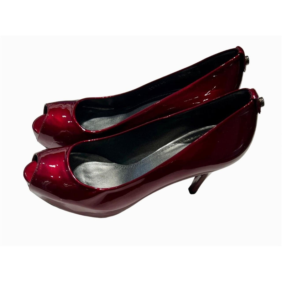 Stuart Weitzman Womens Candy Apple Red Patent Peep Toe High Heel Shoe 7.5M Image 1