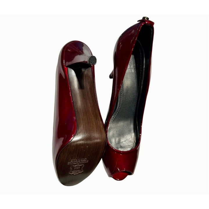 Stuart Weitzman Womens Candy Apple Red Patent Peep Toe High Heel Shoe 7.5M Image 3