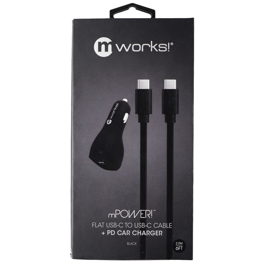 mWorks! mPower! Flat USB-C to USB-C Cable and PD Car Adapter - Black Image 1