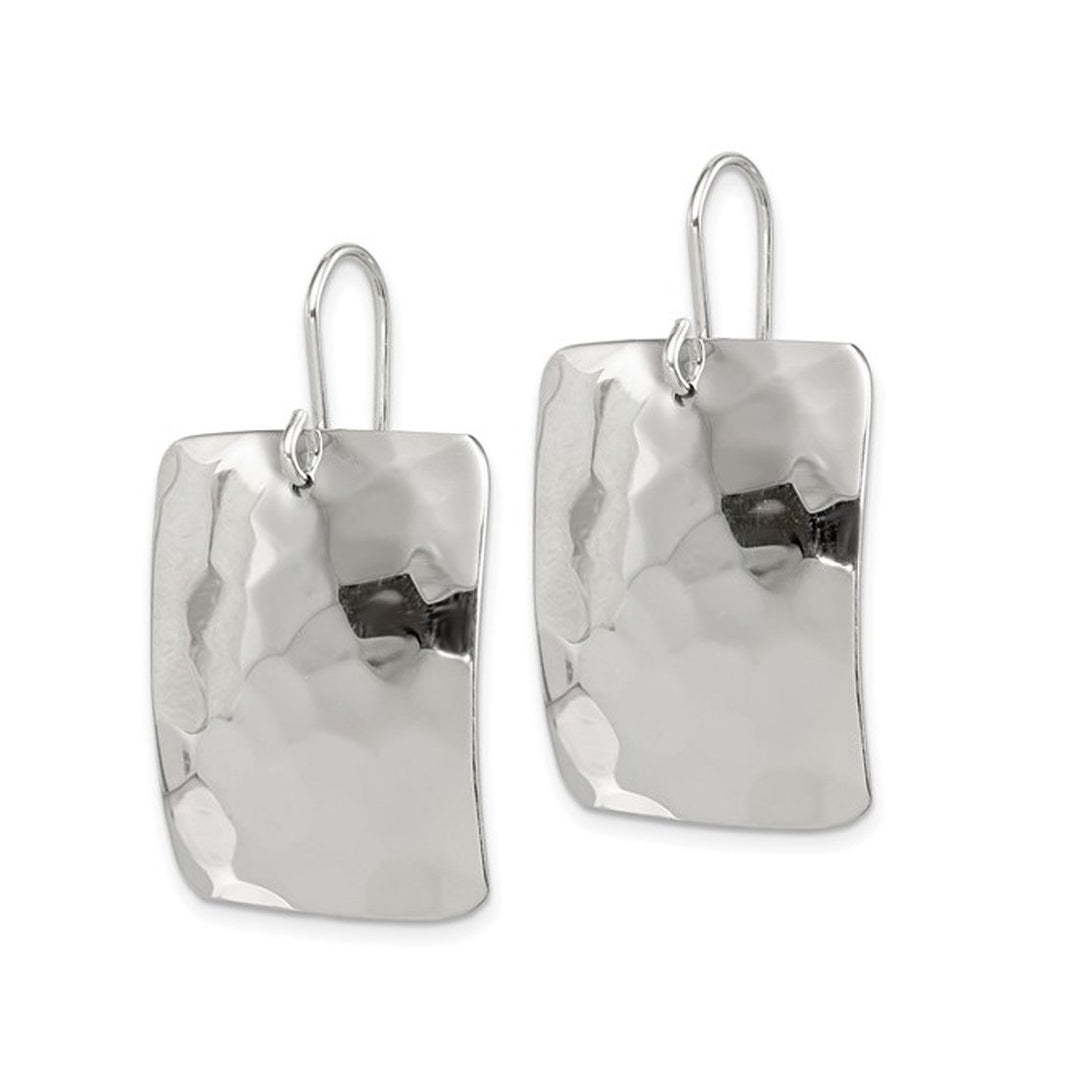 Sterling Silver Polished and Hammered Rectangle Dangle Earrings Image 4