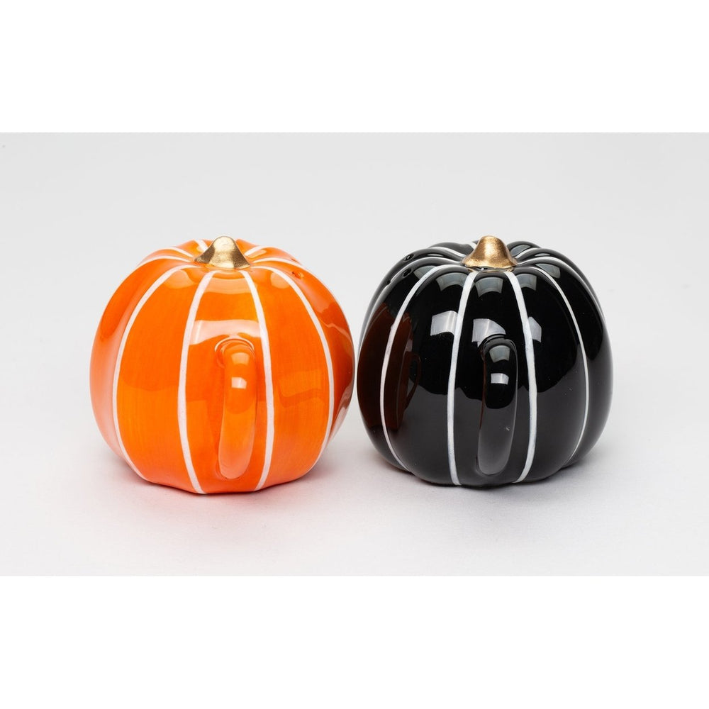 Ceramic Pumpkin Salt and Pepper Shakers Orange Black 3 1/8in Image 2