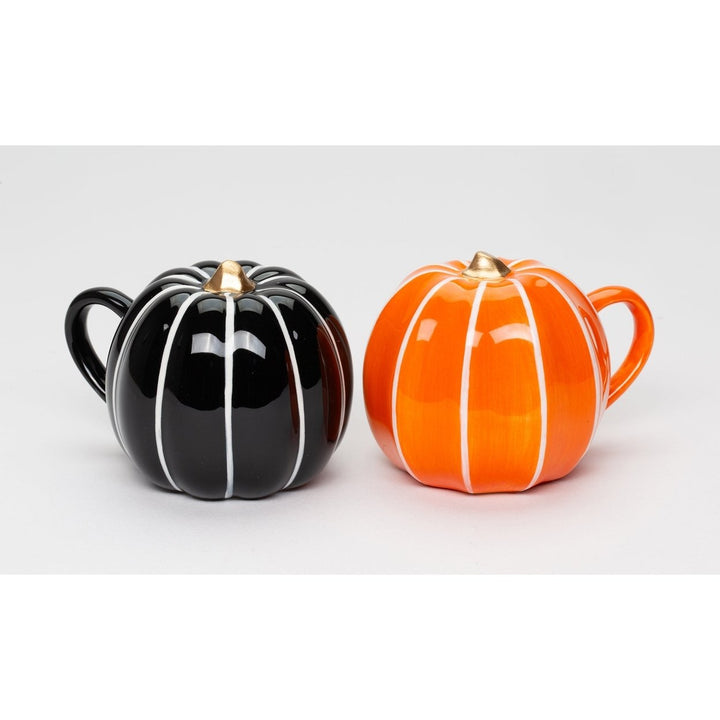 Ceramic Pumpkin Salt and Pepper Shakers Orange Black 3 1/8in Image 3