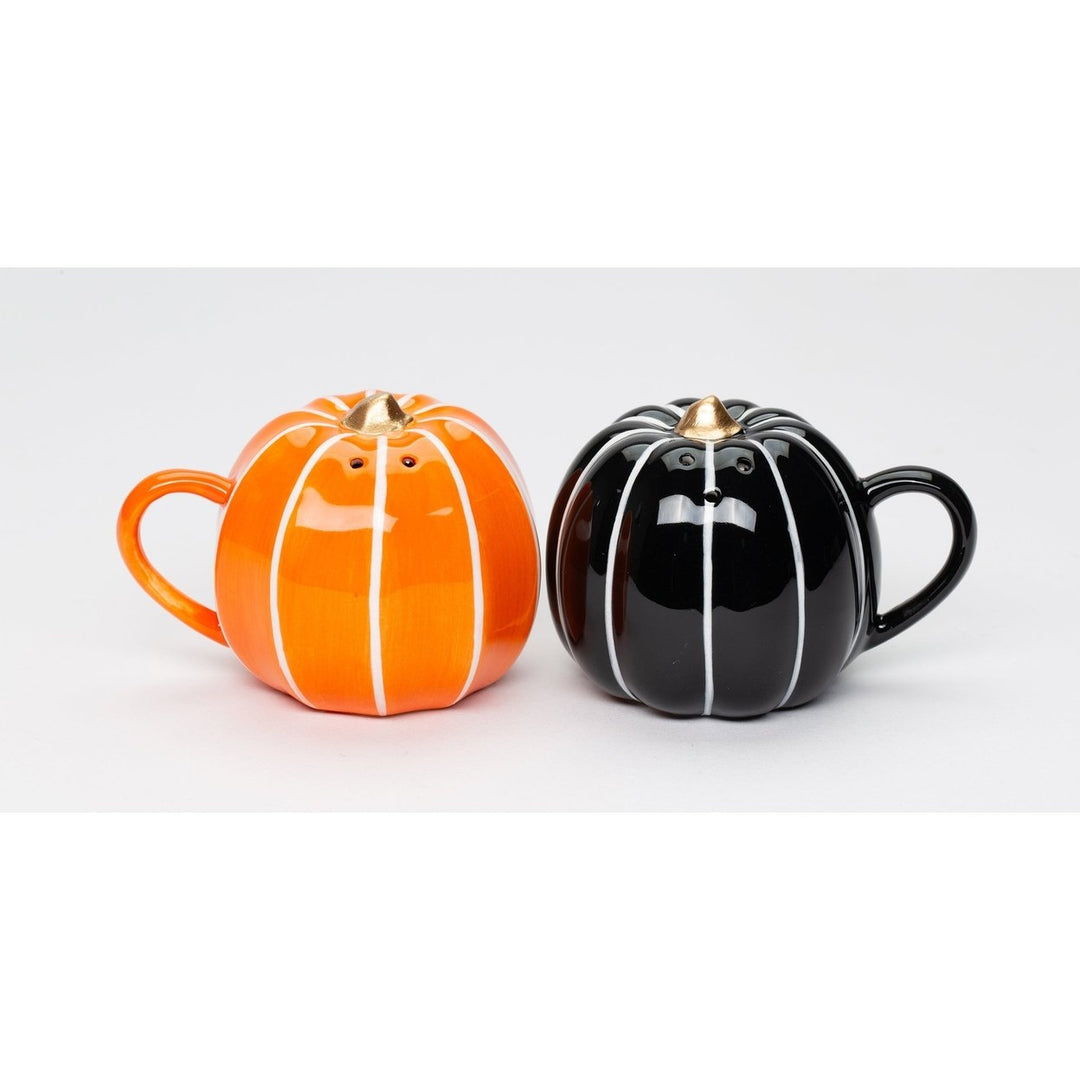 Ceramic Pumpkin Salt and Pepper Shakers Orange Black 3 1/8in Image 4