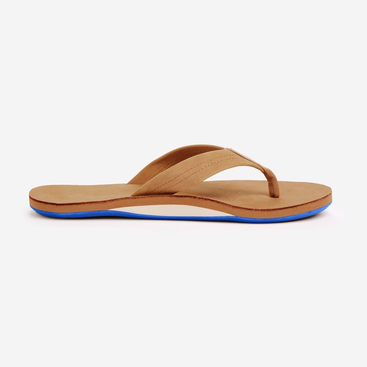 Hari Mari Fields Leather Flip Flops Tan Blue Memory Foam Arch Support 1031-105 Image 1