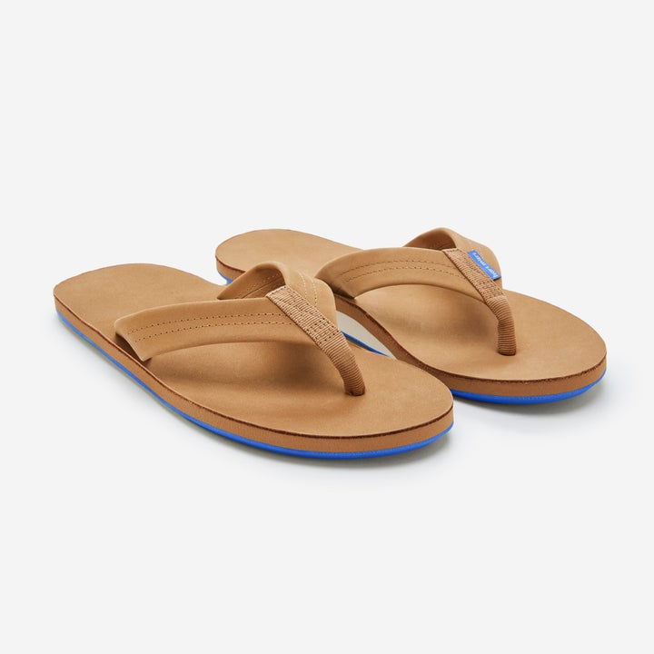 Hari Mari Fields Leather Flip Flops Tan Blue Memory Foam Arch Support 1031-105 Image 3