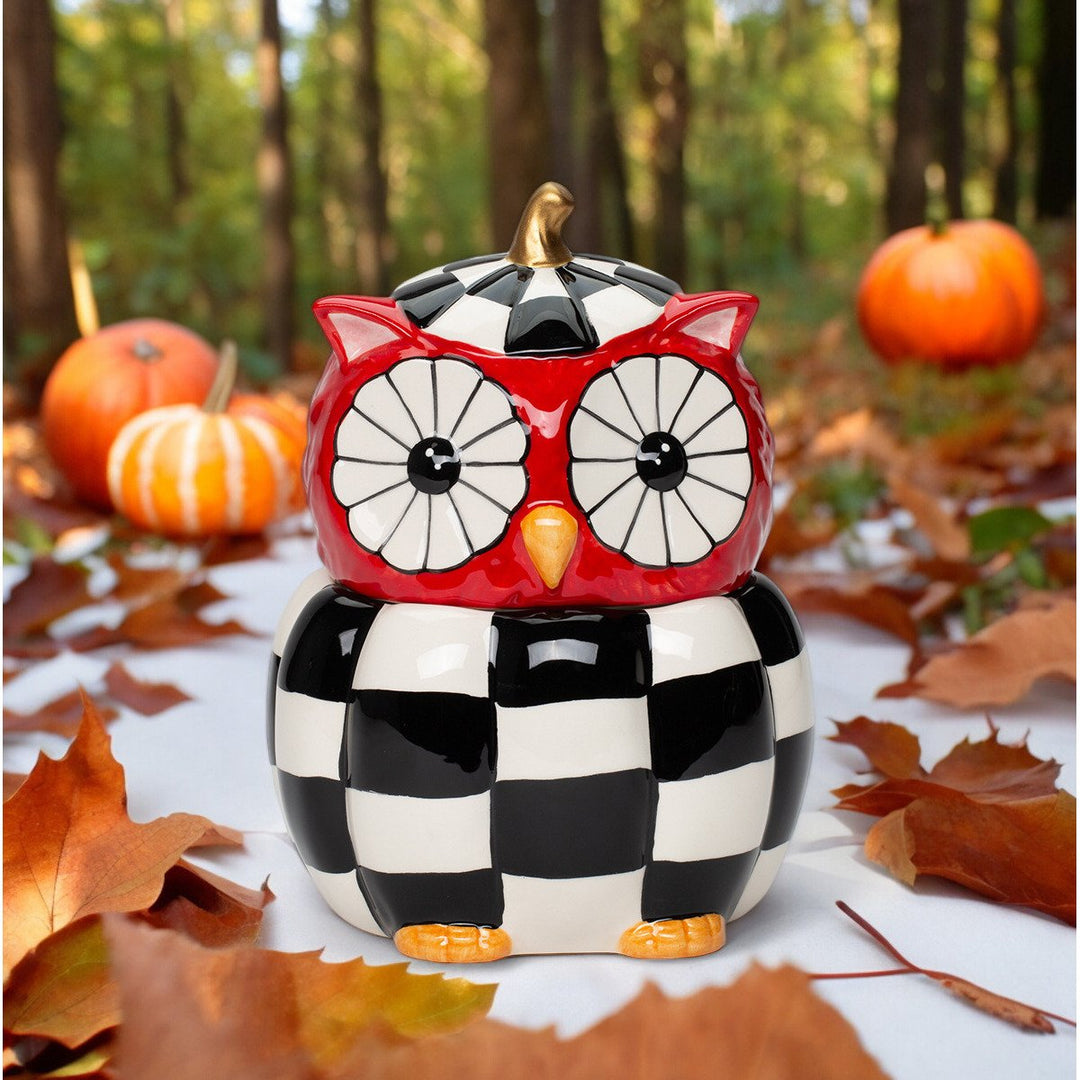 Ceramic Checkerboard Owl Candy Jar 5x4.5 Fall Image 1