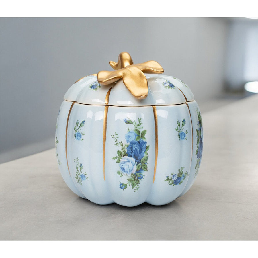 Ceramic Blue Pumpkin Candy Jar 6.25x6.5 Victorian Style With Blue Roses Image 1