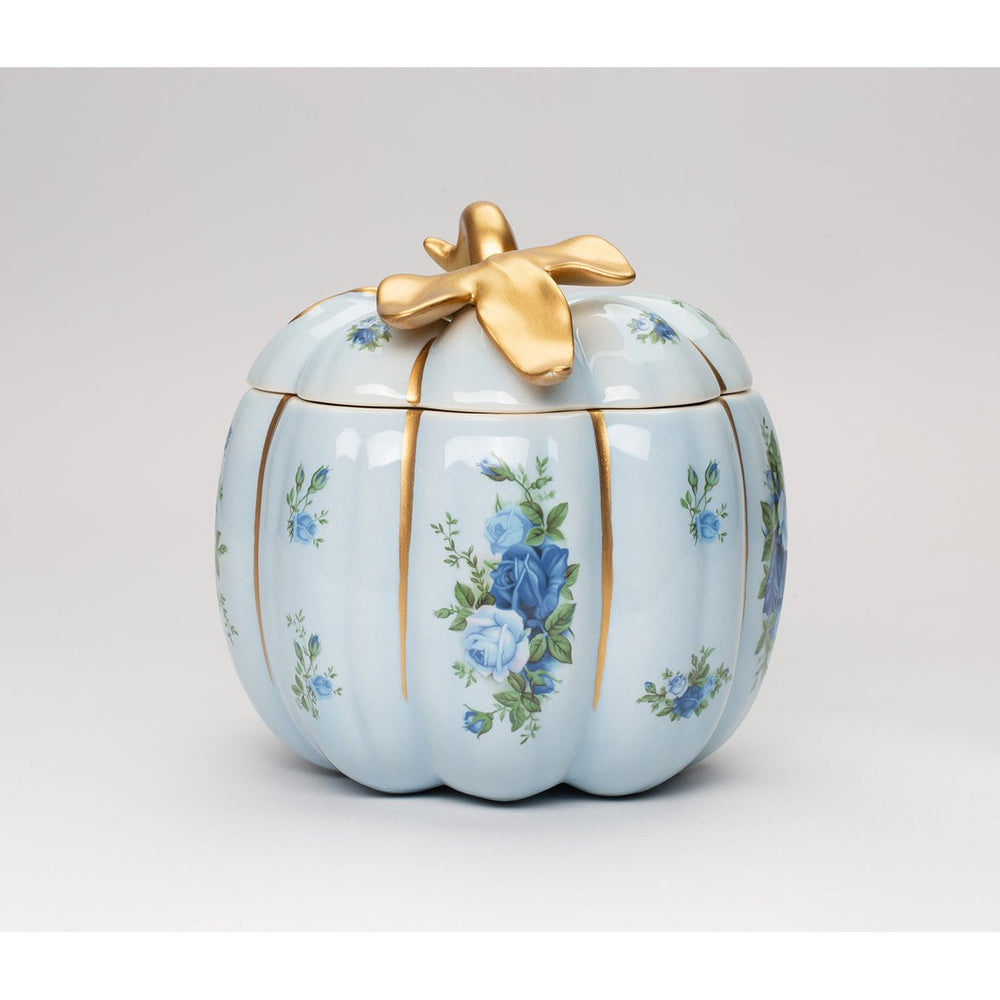 Ceramic Blue Pumpkin Candy Jar 6.25x6.5 Victorian Style With Blue Roses Image 2