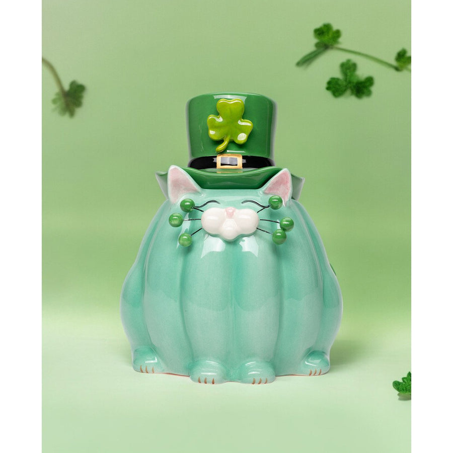 Ceramic Saint Patrick Whisker Cat Candy Box 6.5 Inch Green Decor Image 1