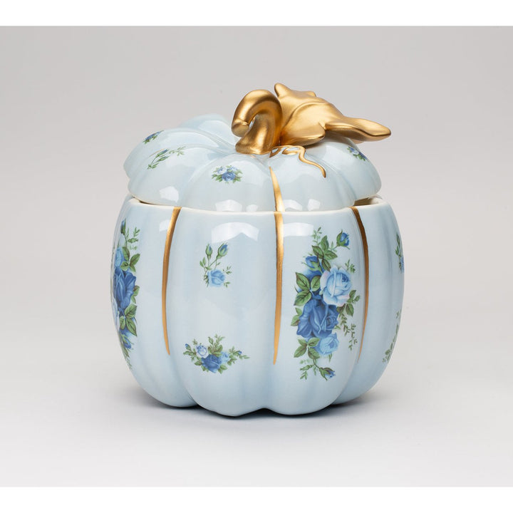 Ceramic Blue Pumpkin Candy Jar 6.25x6.5 Victorian Style With Blue Roses Image 3