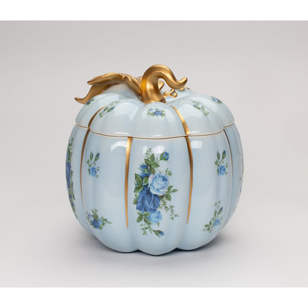 Ceramic Blue Pumpkin Candy Jar 6.25x6.5 Victorian Style With Blue Roses Image 4