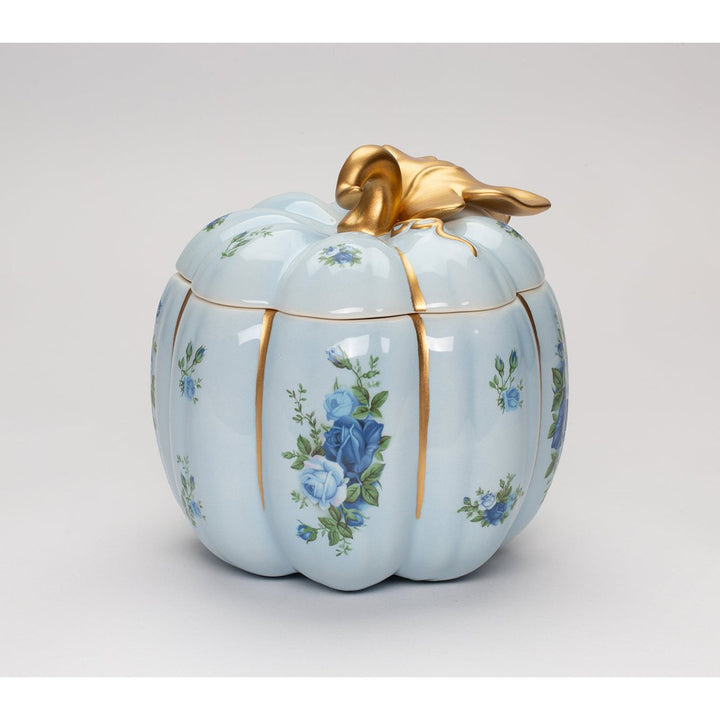 Ceramic Blue Pumpkin Candy Jar 6.25x6.5 Victorian Style With Blue Roses Image 6