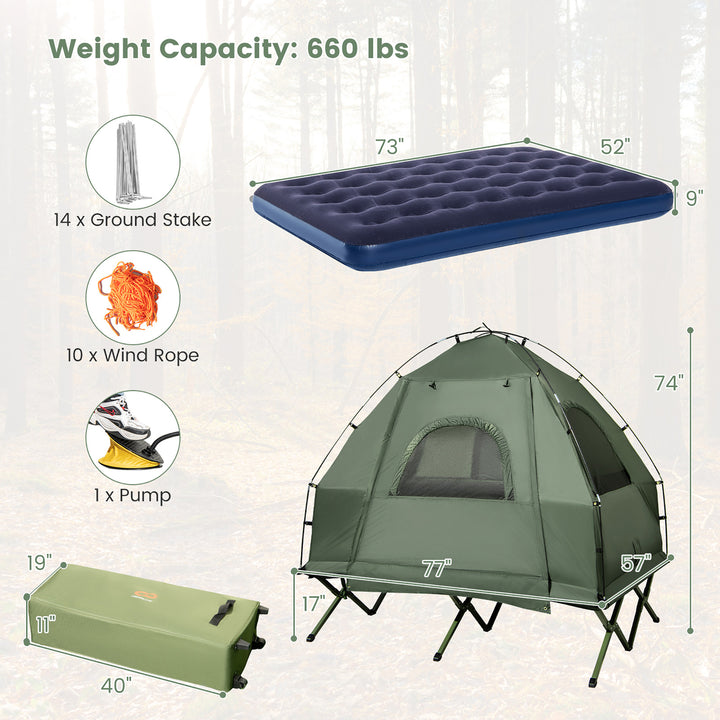 2-Person Camping Tent Cot 5-in-1 Folding Camping Bed w/ Air Mattress Pillow Sleeping Bag Image 3