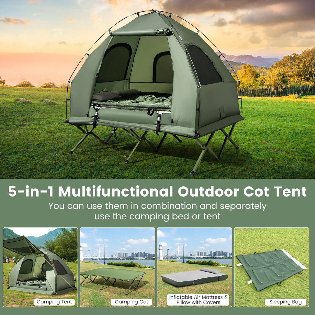 2-Person Camping Tent Cot 5-in-1 Folding Camping Bed w/ Air Mattress Pillow Sleeping Bag Image 6