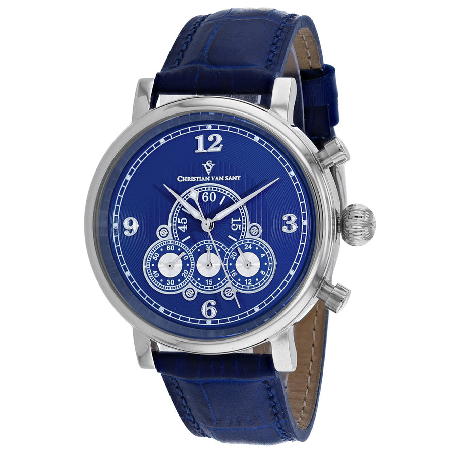 Christian Van Sant Mens Blue Dial Quartz Watch CV0712 Stainless Steel Leather Strap Image 1