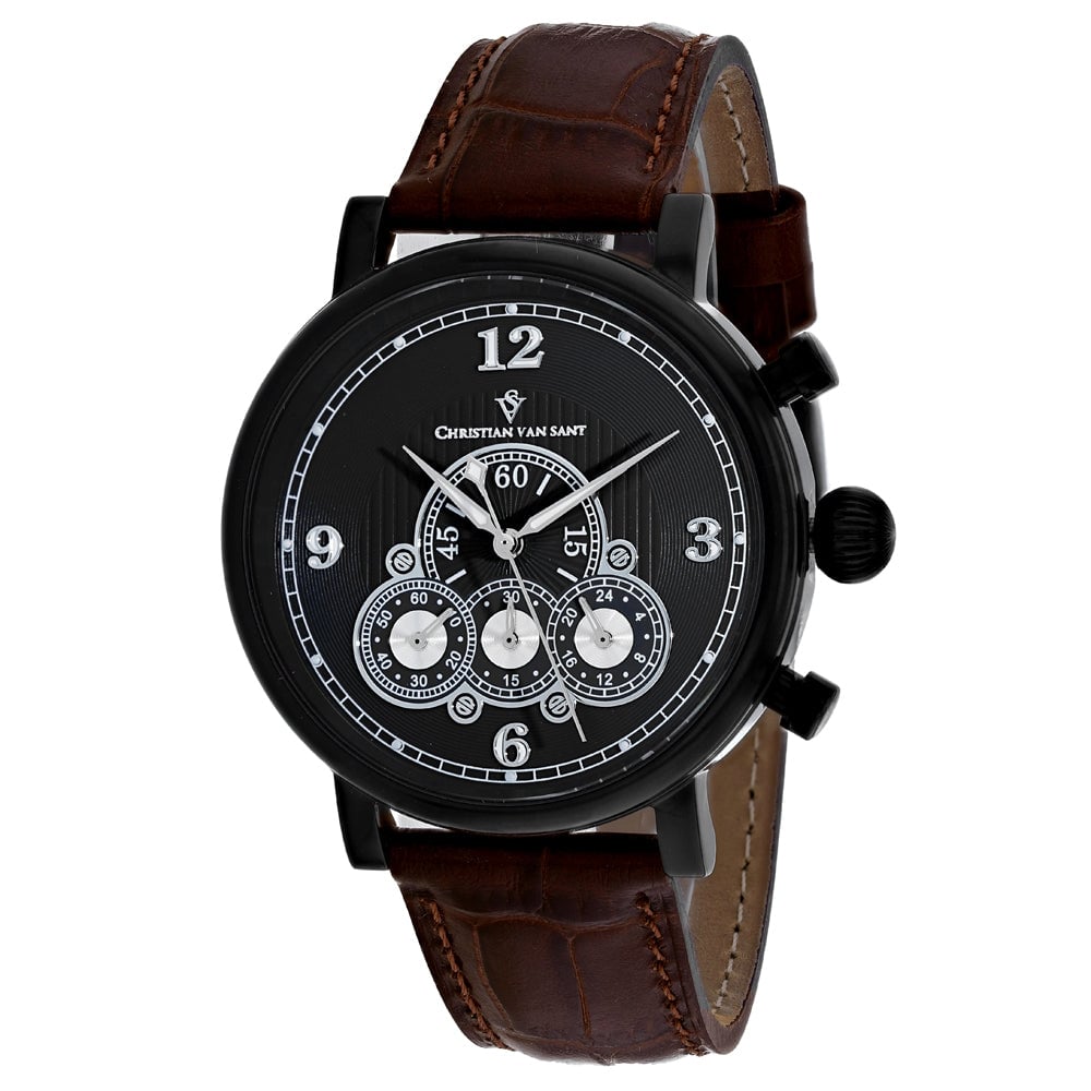 Christian Van Sant Mens Black Dial Watch CV0713 Stainless Steel Leather Strap Image 1