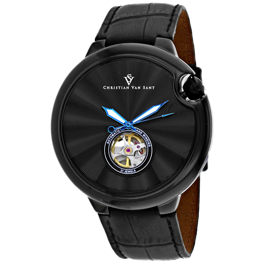 Christian Van Sant Mens Cyclone Automatic Watch Black Dial Leather Strap CV0145 Image 1