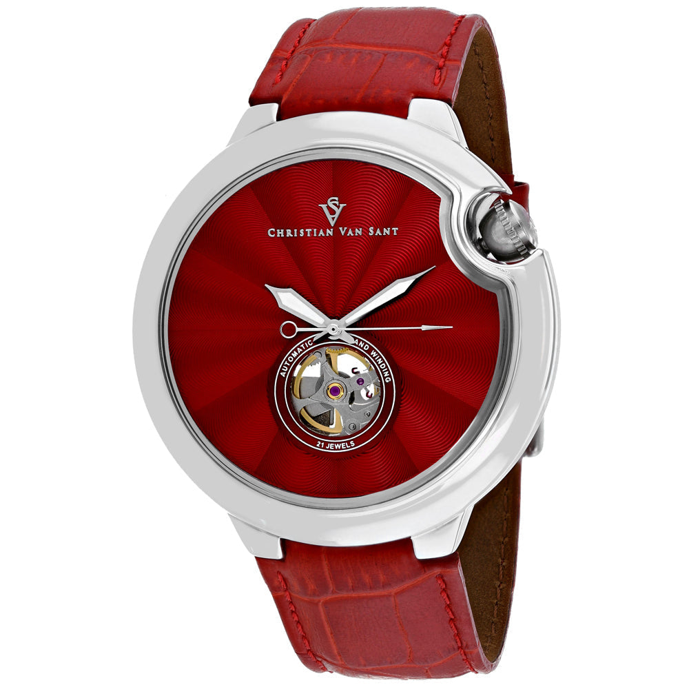 Christian Van Sant Cyclone Automatic Mens Watch Red Dial CV0142 Leather Strap Image 1