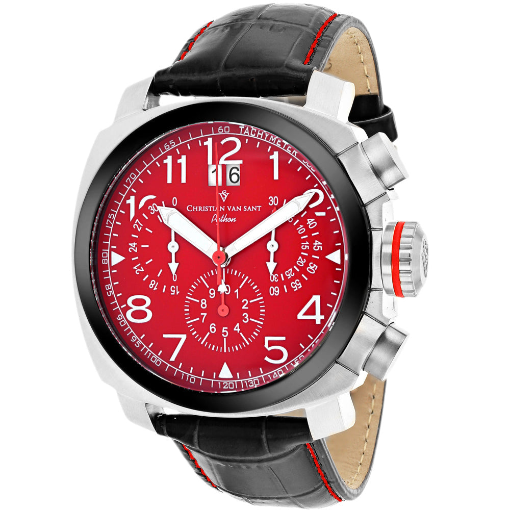 Christian Van Sant Mens Red Dial Watch CV3AU9 Stainless Steel Leather Strap Image 1