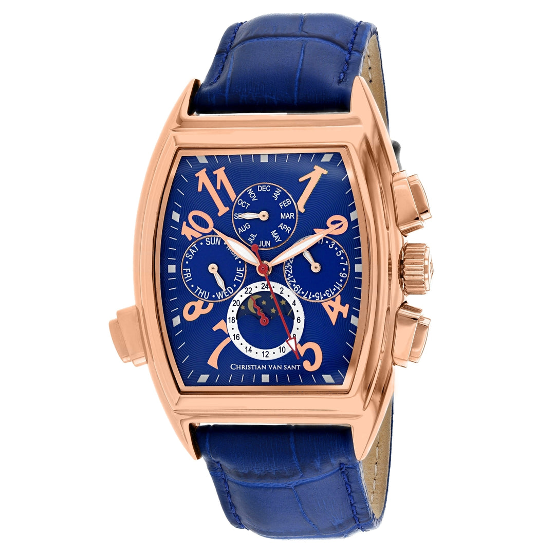 Christian Van Sant Grandeur Watch CV2140 Blue Dial Leather Strap Stainless Steel Image 1